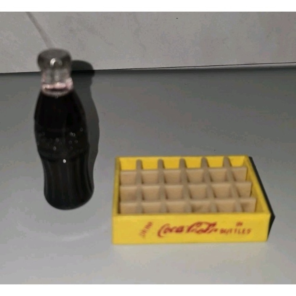 Vintage Coca-Cola Miniature Bottle And Bottle Holder Mini Yellow